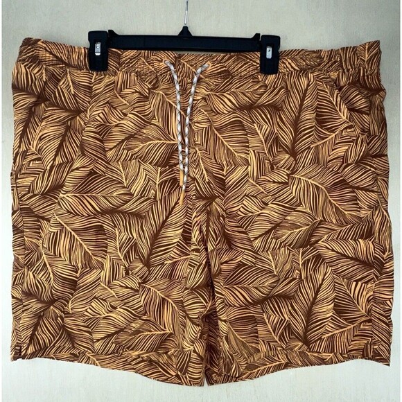 EDDIE BAUER  Sz 2XL Tropical Leaf Print Pull On Beach Swim Trunks Shorts Pockets - Picture 1 of 9